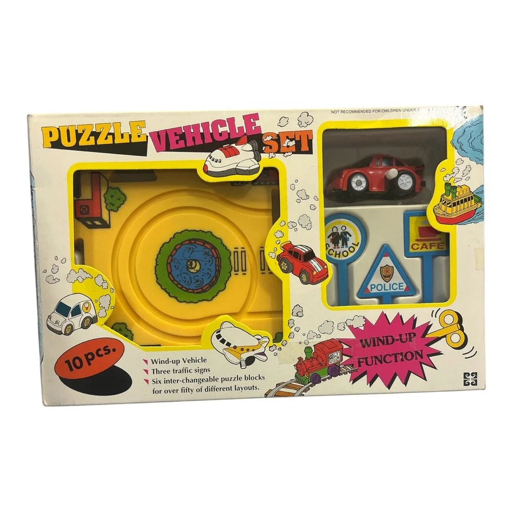 Puzzle Vehicle Set 9281C Wind Up Car 10pc Interchangeable Track Toy Vtg Style